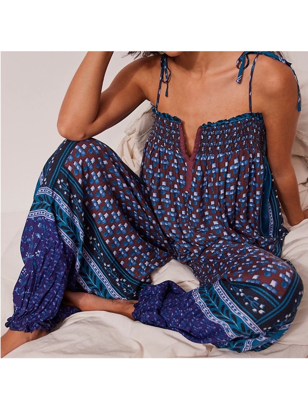 NWT Free People Rule The World Maxi Romper Jumpsuit Small Blue Combo
